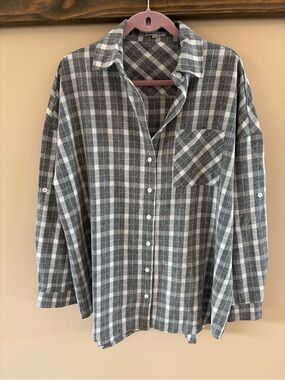 White Birch Plaid Button-Up oversized Shirt - Casual Long Sleeve